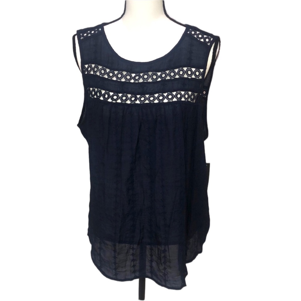 Zac & Rachel Sleeveless Top Women’s XL Navy gauzy lace trim tank